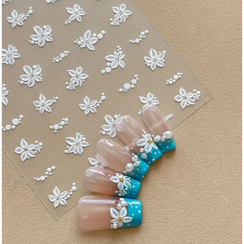 1Pcs Elegant Five Petal Blossom Nail Stickers Pearl Bubble French 3D Embossed Embellishment Floral Self-adhesive Nail Stickers