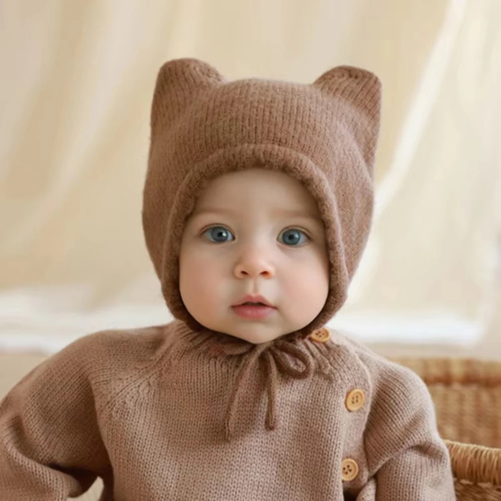 Baby Hats Autumn/Winter Baby Boys Girls Knitted Hat Toddler Knit Woolen Hat Children\'s Ear Protection Hats Infant Kids Warm Cap