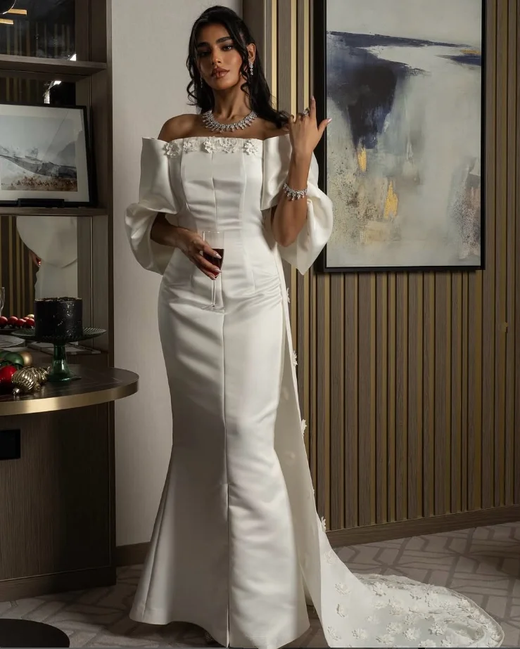 

White Long Princess Evening Formal Dresses Off Shoulder 3D Floral Overskirt Long Train Prom Gala Gown Customsized Jersey Bespoke