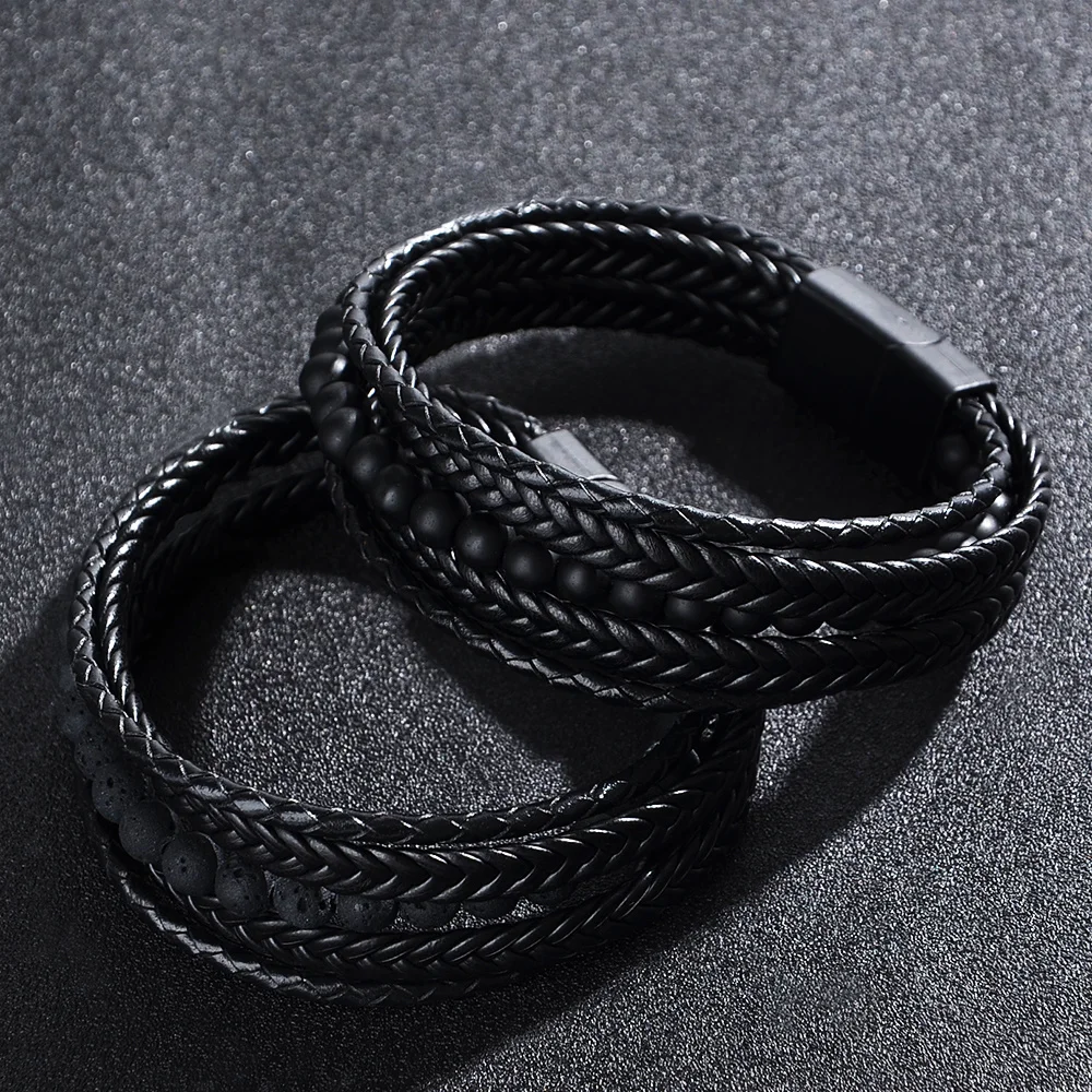Men's Leather Braided Bracelet, Black Volcanic Stone Trendy Street Jewelry, Ideal for Daily Wear and Holiday Gifting