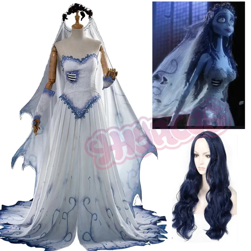 

Bride Emily Cosplay Costume Fancy White Dress Costume Wig Veil Ghost Halloween Party Women Gothic Suit Wedding Dress Zombie