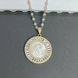 Round Crystal Zircon Sea Shell Medal Angel Baby Necklaces Women Pearl Chain Pendant Neck