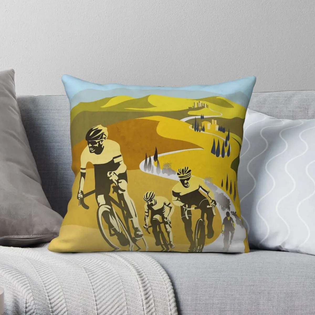 Strade Bianche Retro Cycling Art Pillowcase Polyester Linen Velvet Creative Zip Decor Home Cushion Cover