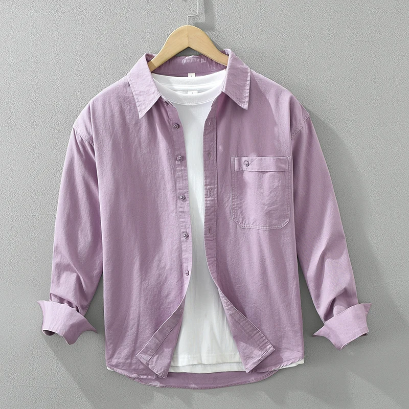 Cotton Casual Shirts for Men Fashion Turn-down Collar Purple Long Sleeve Shirt 2024 New Men Dress Shirt