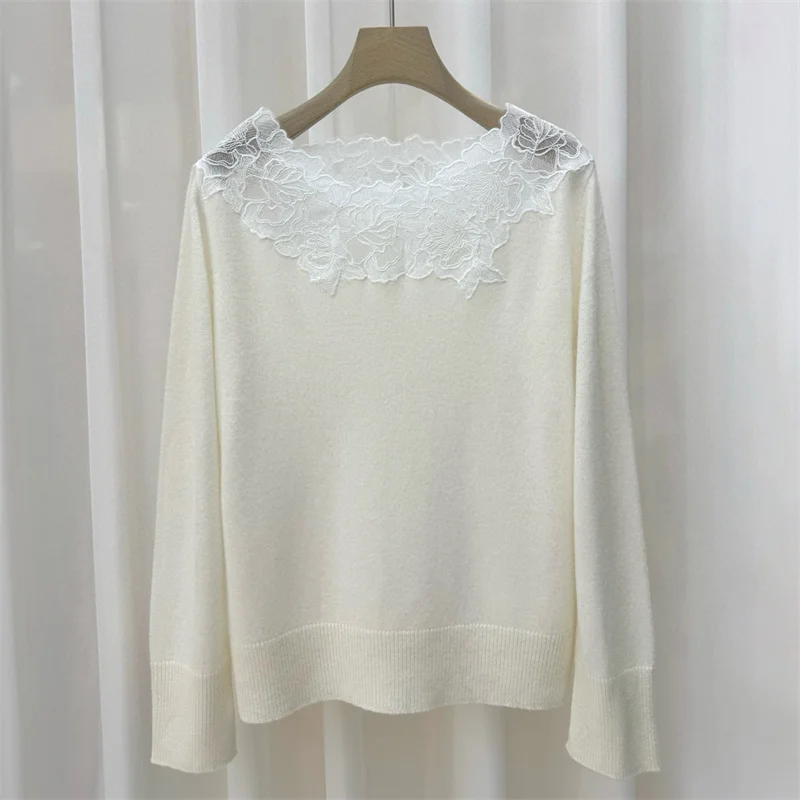 Damenpullover Neues, elastisches, gestricktes, schmal geschnittenes, langärmliges Oberteil für den Herbst 2025. Spitzen-Patchwork-Pullover mit einem Halsausschnitt aus Wollmischung