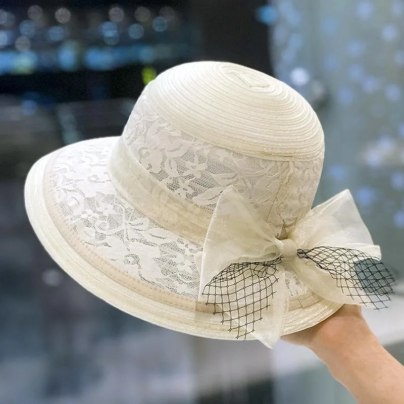 Fashion lace net yarn fisherman hat female vintage Hepburn wind patchwork color top hat elegant bow visor