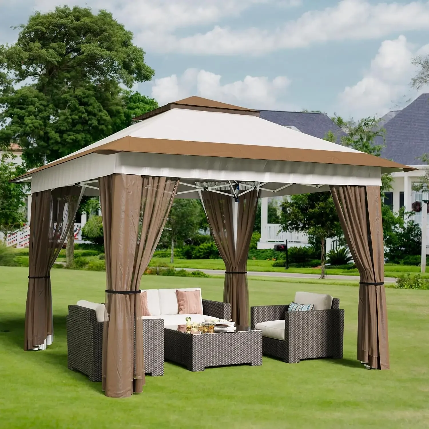 11x11 Pop Up Gazebo Tent with Mosquito Netting - Beige | Instant Gazebo, Canopy Party Tent with Roller Bag, Pop Up Canopy