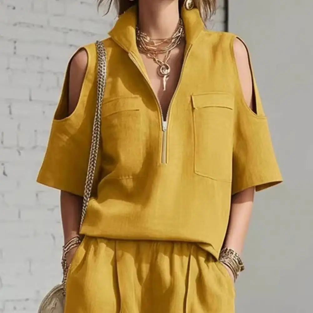 Women Two-piece Suit Lightweight Women Suit Women’s Two Piece Sweatsuit Set Half Zipper Short Sleeve Top Summer Shorts