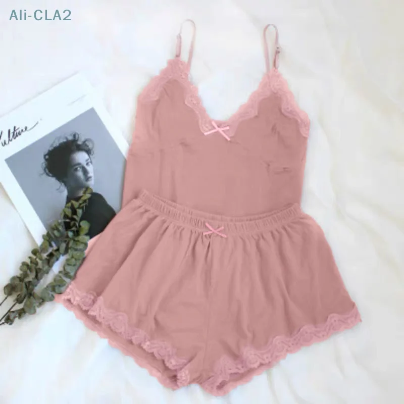 Pajamas Set Women V-neck Sleepwear Sling Lace Tops And Shorts Two-piece Suit