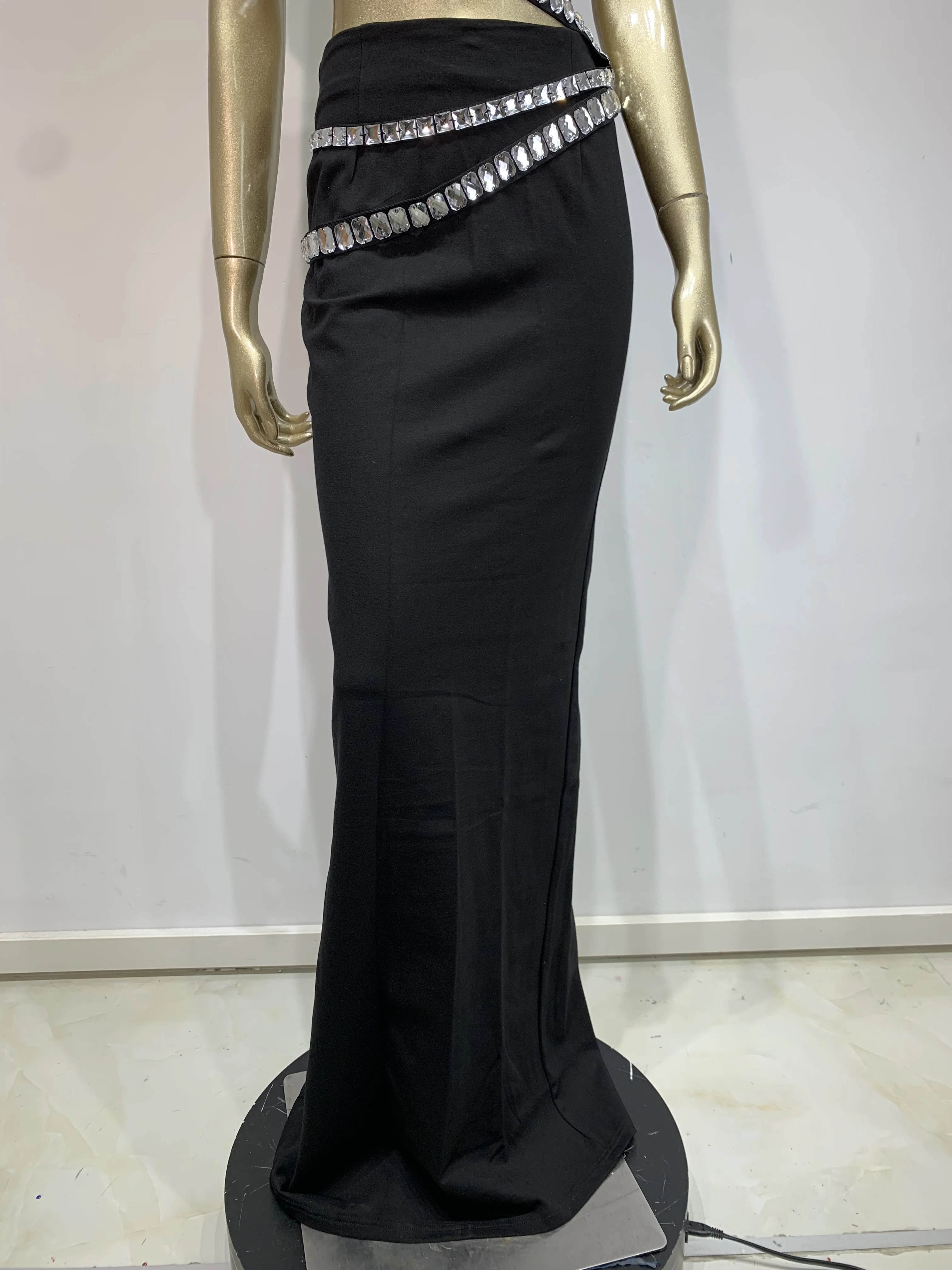 Women Summer Celebrity Sexy Beading Split Maxi Long Black Bandage Skirt Set 2024 Knitted Elegant Evening Club Party Clothing