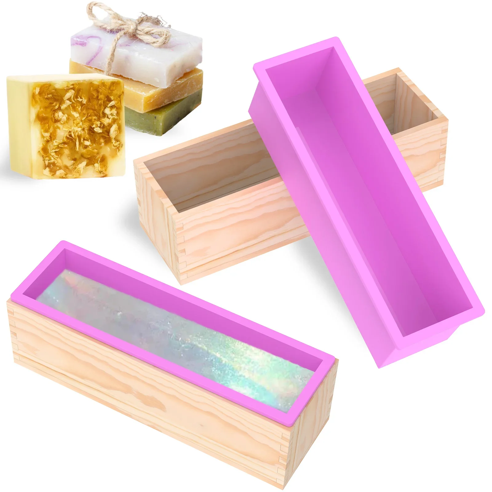 

Набор из 2 силиконовых форм для мыла с деревянным ящиком, прямоугольная форма для мыла объемом 41 унция, легко извлекается из формы, для любителей домашнего изготовления мыла и начинающих.