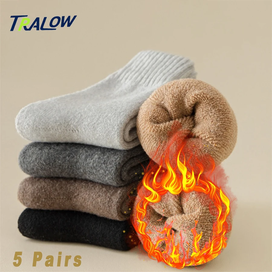 5 أزواج من الجوارب النسائية لمنتصف الساق - سميكة من تيري دافئة بلون سادة، تصميم بسيط للتنقل في الخريف/الشتاء والملابس غير الرسمية