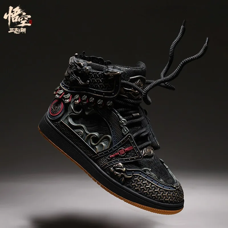 Men Wukong Chain‑mail Totem High‑top Board Shoes 2026 Chinese Style Rubber Sole Wear‑resistant Lace‑up Large‑size Sneakers Black