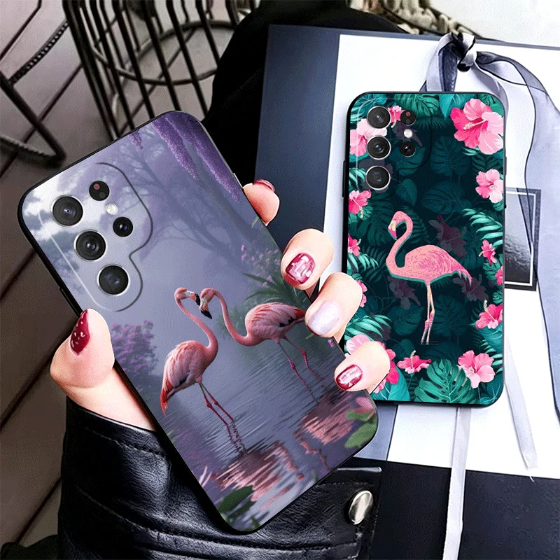 Pink Red Dreamy Flamingo Silicone Phone Case for Samsung Galaxy S24 S26 Ultra S25 Edge S23 Plus S22 + S21 S20 FE 5G Black Soft C