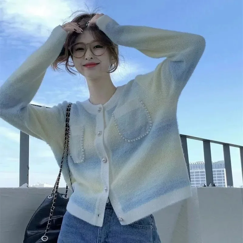 2026 French Gentle Gradient Design Jacket Women's Nail Bead Autumn And Winter Chic Soft Glutinous Knitted Cardigan Yellow