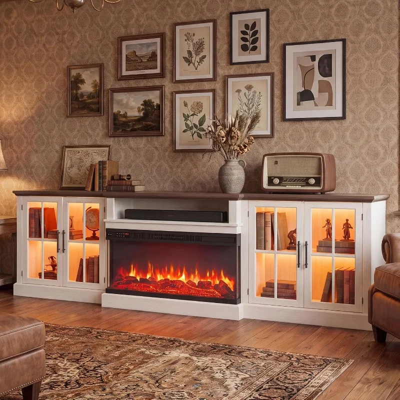 Farmhouse TV Stand Fireplace Media Entertainment Center with Adjustable Shelves and Large Storage Cabinets, for Living Room