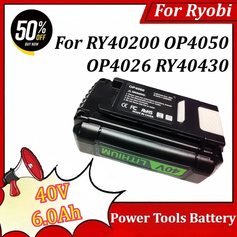 Power Tools Lithium Battery 40V 6.0Ah for Ryobi RY40200 OP4026 OP4050 RY40430 Rechargeable Battery