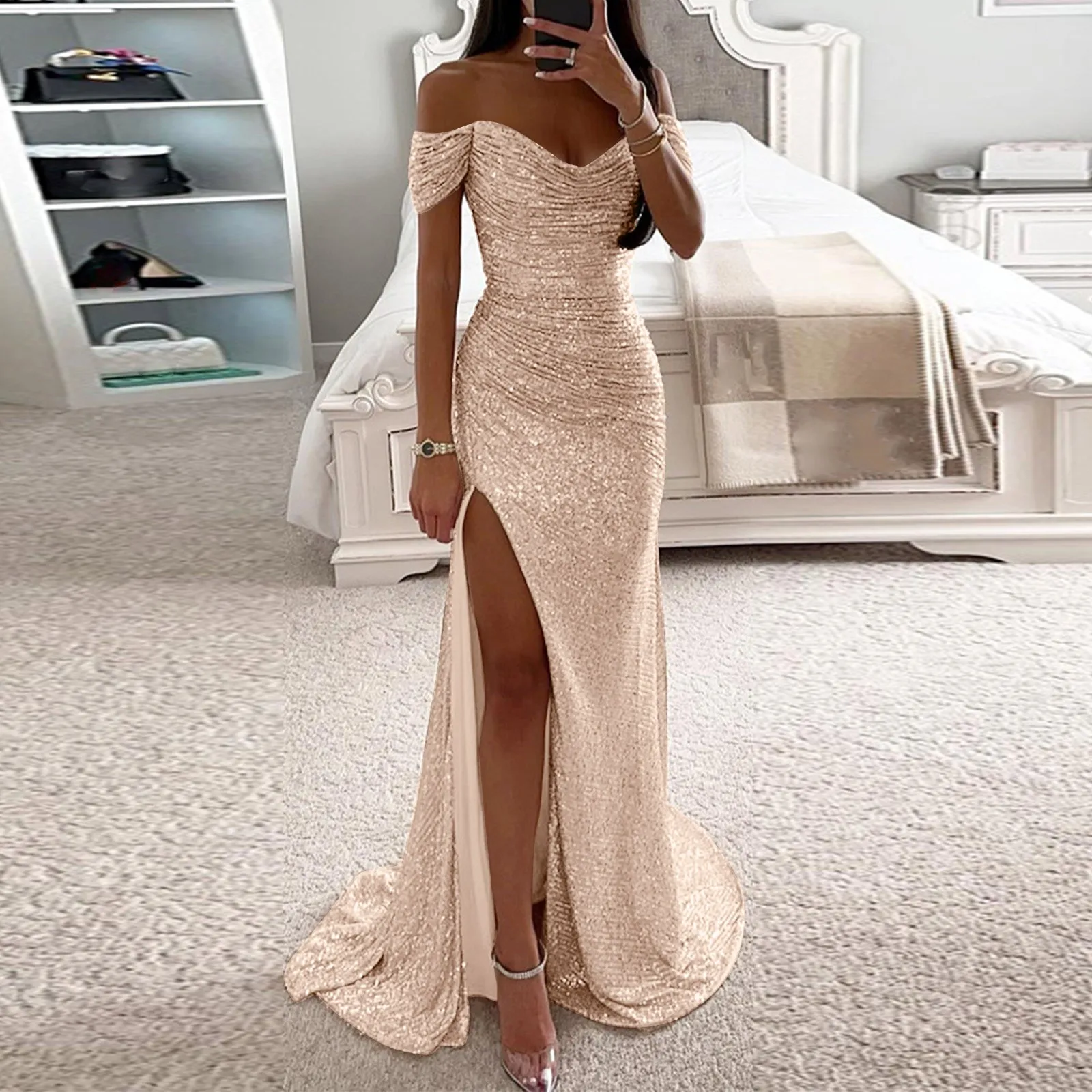 

Spring Fall Sexy Off Shoulder Sequin Evening Dress Women Fashion Elegant Slash Neck Split Floor Prom Party Dress Women