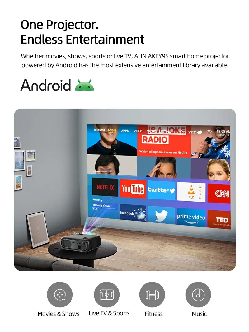 Proyector AUN AKEY9S Android 2 + 64G Full HD nativo 1080P 3D LED proyector de vídeo de cine en casa 4k cine Bluetooth 5G WIFI Smart TV