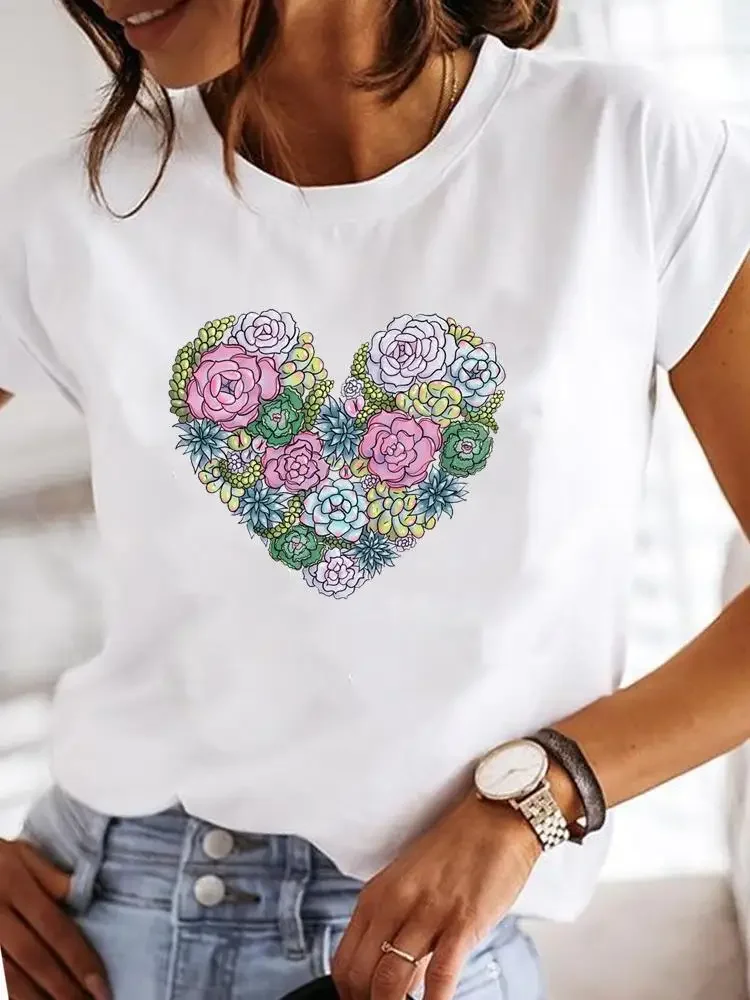 Heart Print Women Funny White Summer T-shirt Girl Casual O Neck Clothing Female Fashion Y2K Top Tee