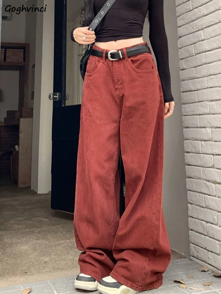 

Brisk-red Wide Leg Jeans Women Vintage High Waist Autumn College Loose All-match Leisure Y2k Streetwear Youth Mopping Trousers