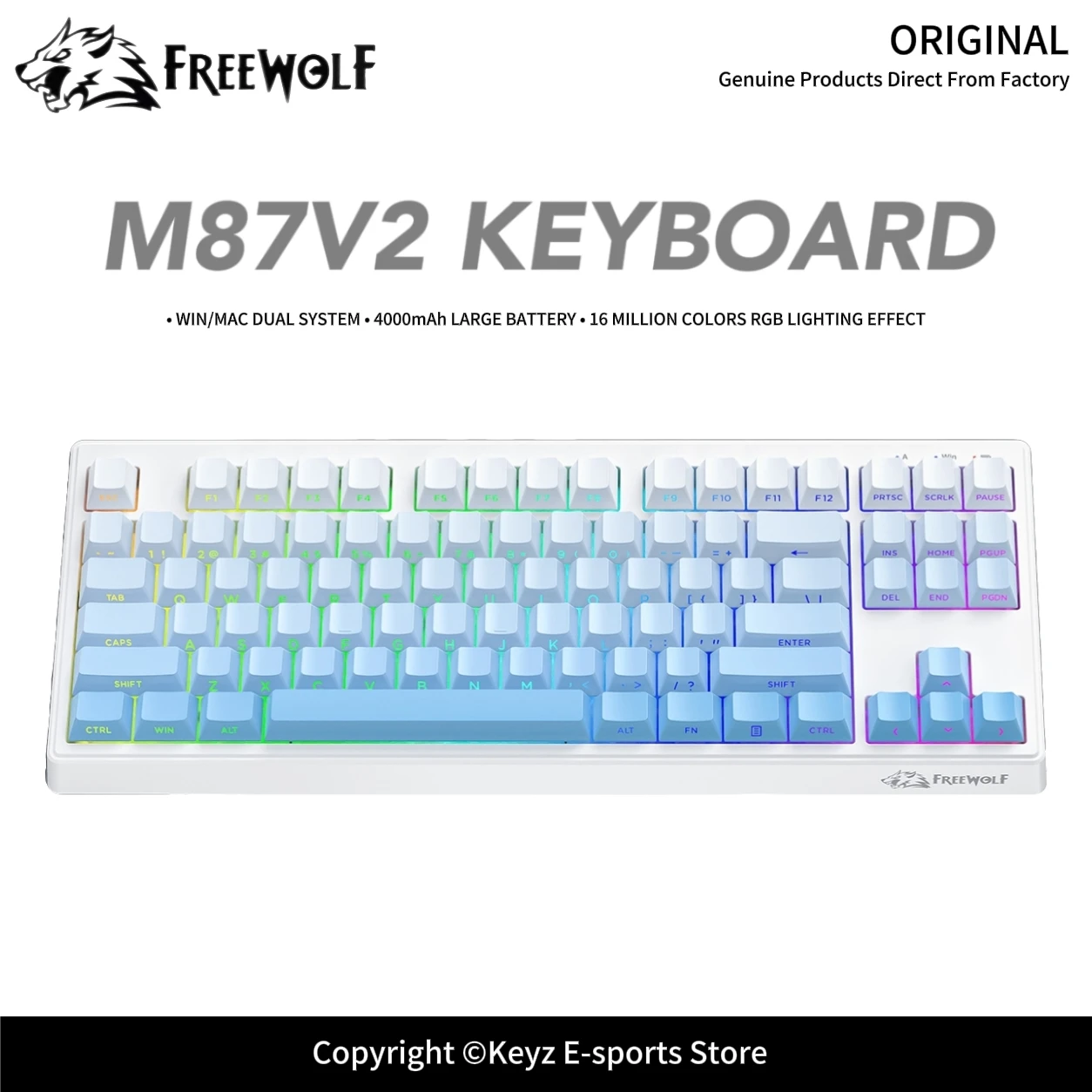 Tri-Mode Gaming Keyboard FREEWOLF M87V2 4000mAh Super Battery Life Soft Silicone Silent Typing RGB Backlit Wireless for Windows