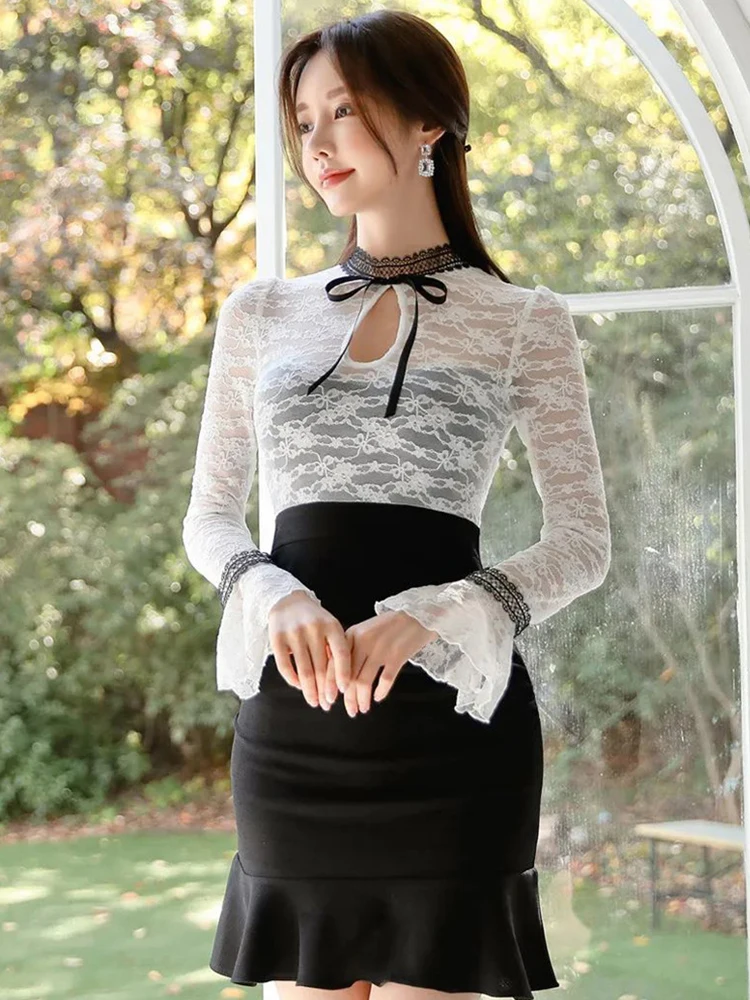 

Новые модные женские короткие платья с имитацией 2 частей, женское милое Прозрачное мини-платье с расклешенным рукавом, женские платья, уличная одежда