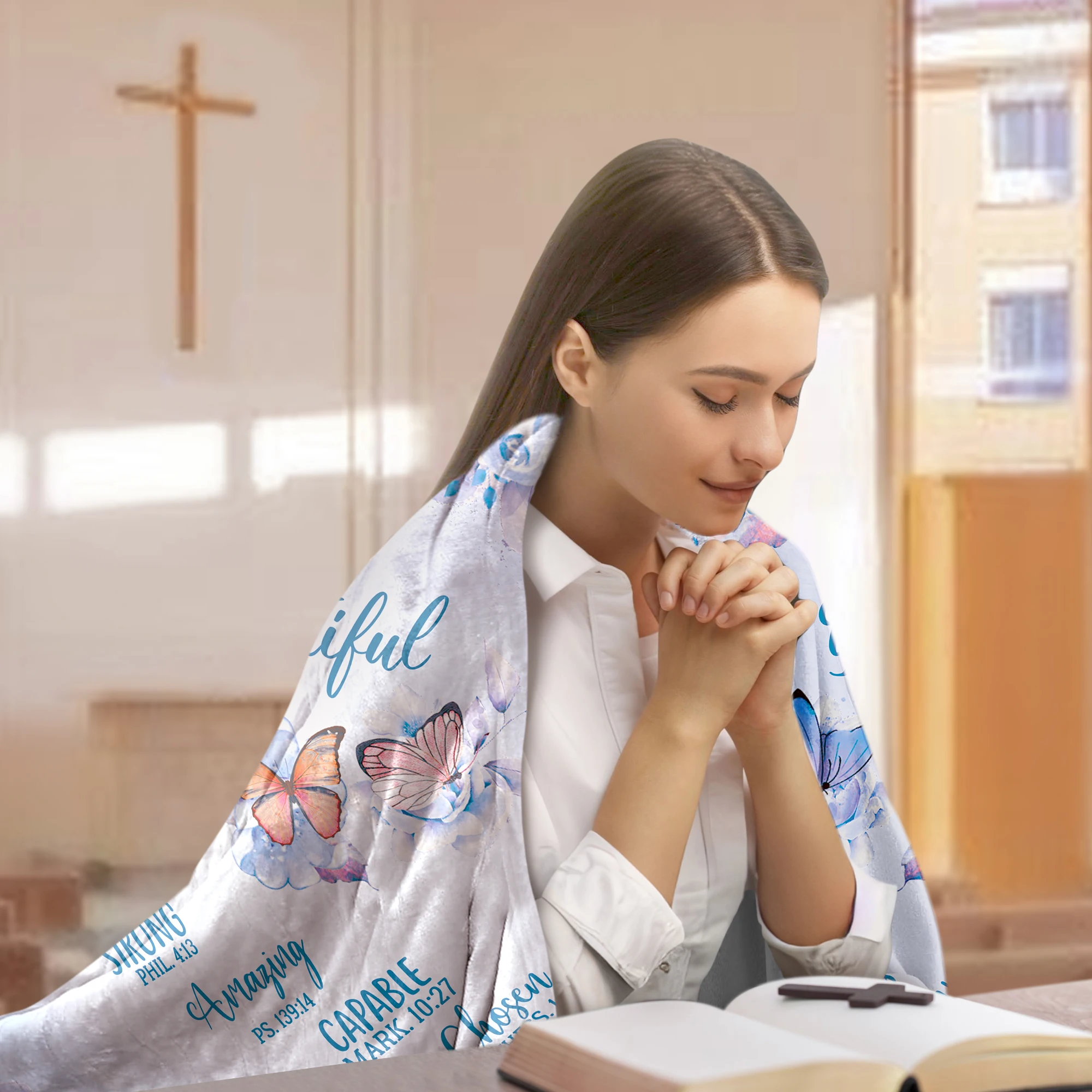 

Christian Blanket for Women, Blue Rose Butterfly Prayer Religious Gifts Blankets with Bible Verse and Inspirational Thoughts