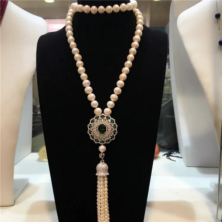 

hot sell new natural 8-9mm white freshwater pearl necklace long micro inlay zircon clasp sweater chain tassel fashion jewelry