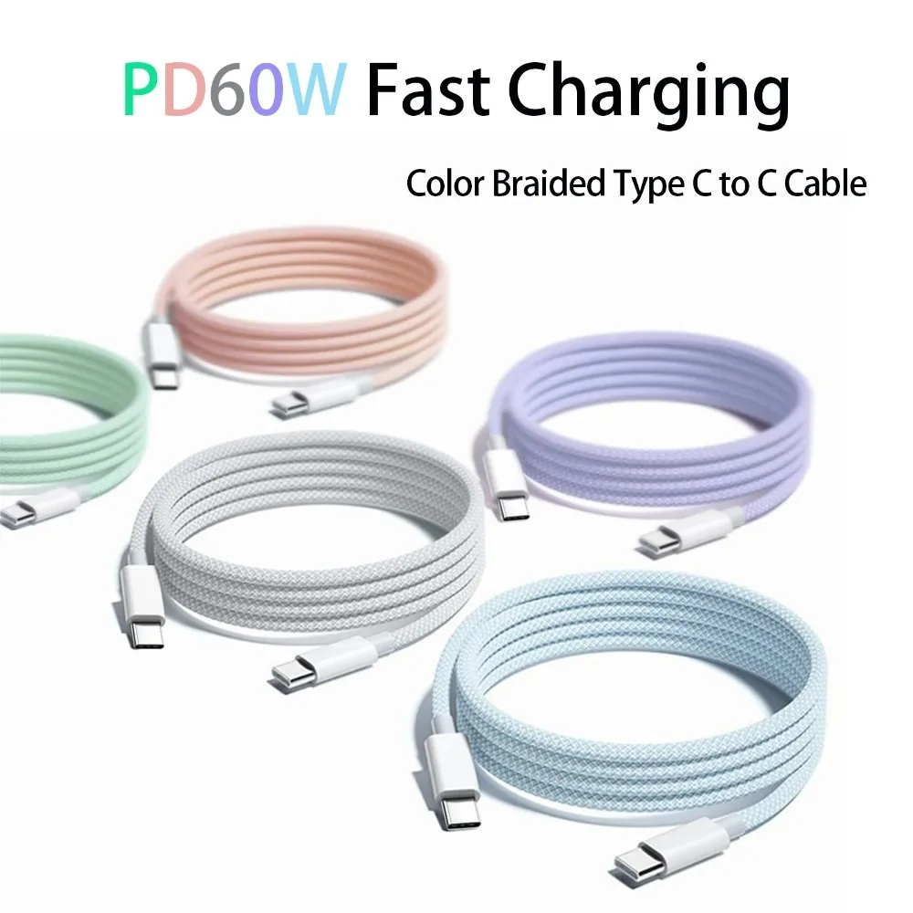 Type C to C Colored Nylon Braided Cable PD 60W for IPhone17/16/15, iPad Pro, Macbook, Samsung S24/23, Durable & Fast Charging.