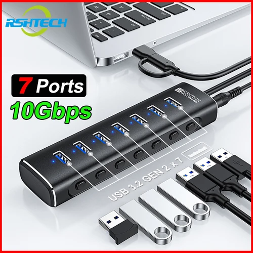 RSHTECH-Hub USB de 7 puertos para ordenador portátil y PC, divisor de 10Gbps, Cable de datos de USB-A a USB-C, interruptores individuales, 3, 2, Gen 2