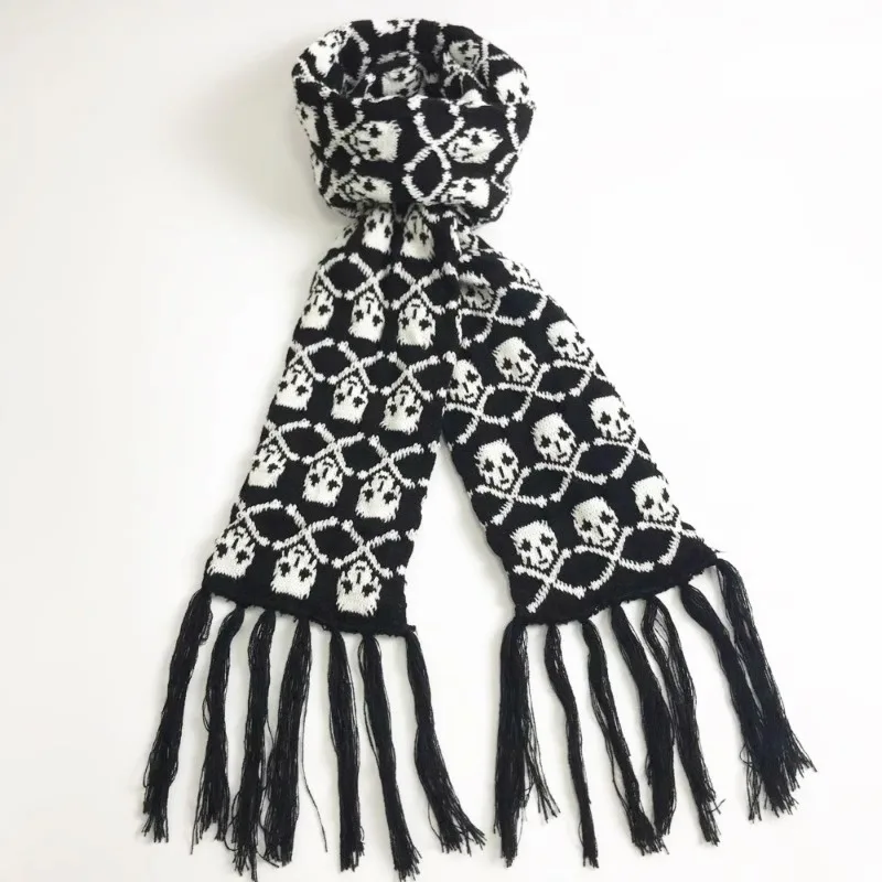 Punk Dark Style Y2k Girls Subculture Harajuku Thick Warm Knit Scarf Skull Wrap for Women Men Goth Black White Vintage Scarves