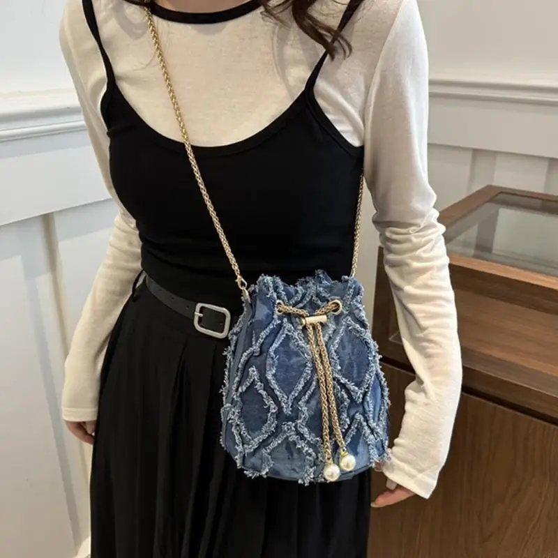 Multipurpose Jeans Bucket Crossbody Bag with Chain Strap for Women Tassels Denims Shoulder Purse with Pearls Drawstring 