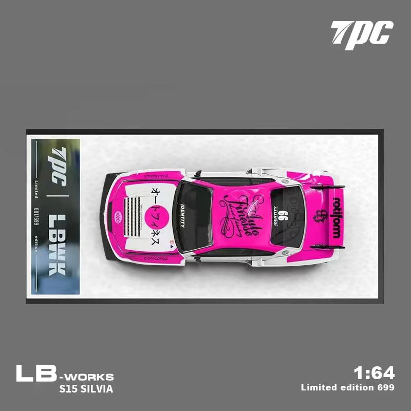 Tpc 1:64 lb-super silhueta silvia s15 rosa branco/azul branco fundido modelo de carro coleção presentes em miniatura