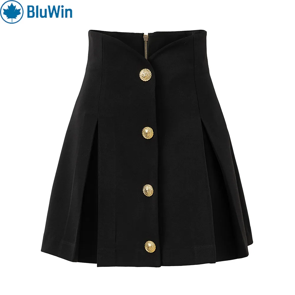 

BluWin High Waist Pleated Mini Skirt Women Button Front A Line Gold Button Black