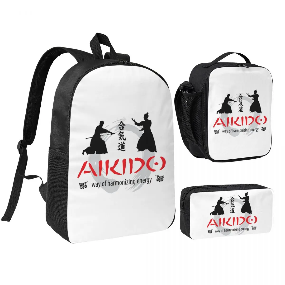 

Aikido Practitioner Backpack Boys Girls BookBag School Bag Shoulder Bags 3ps Insulated Lunch Bag Pencil Case