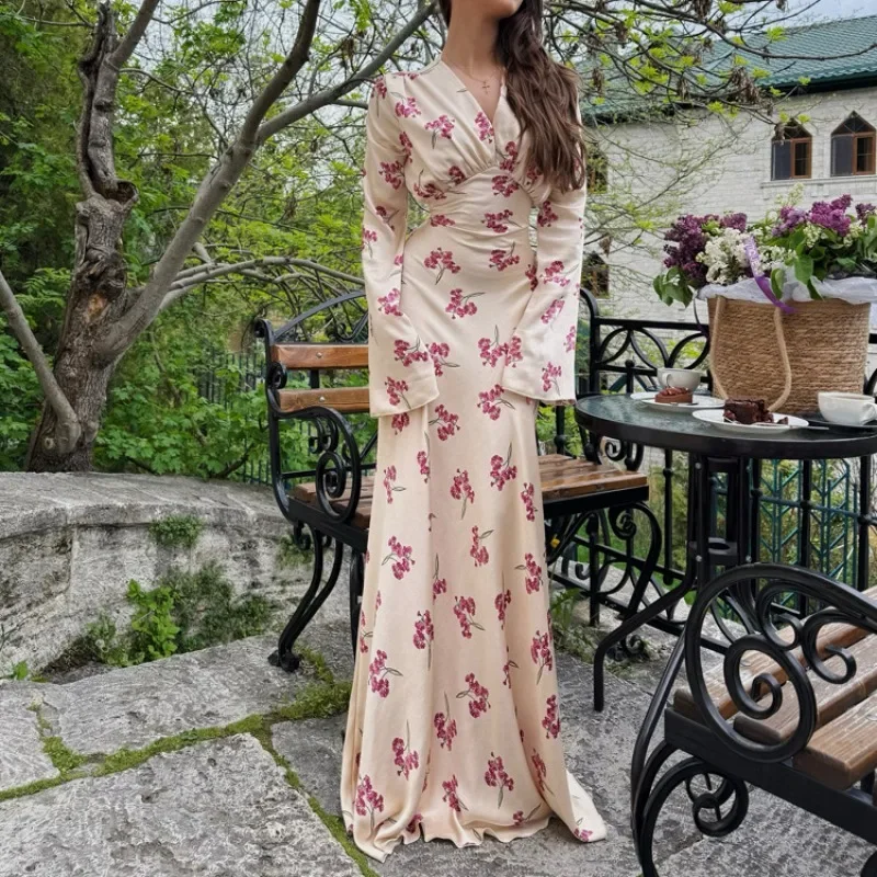 Moulante sirène invité célébrité étage longueur robe élégante femmes Satin Corset Maxi robe Sexy à manches longues col en V froncé imprimé