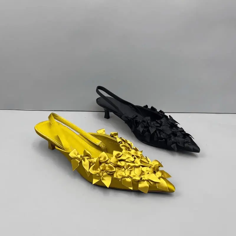 Sexy Women Bow Sandals Fashion Pointed Toe Slingback Shoes 2024 Summer New Low Heels Slides Elegant Dress Women Pumps Slipeprs