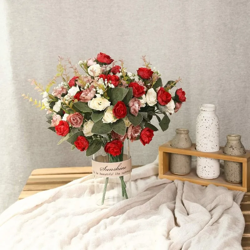 7 Zweige, 21 Blüten, künstliche Blumen, Seidenrosen, hochwertiger Festkranz, Hochzeitssträuße, Heimdekoration, Vase, Fensterdekoration, Geschenke – Detail 8