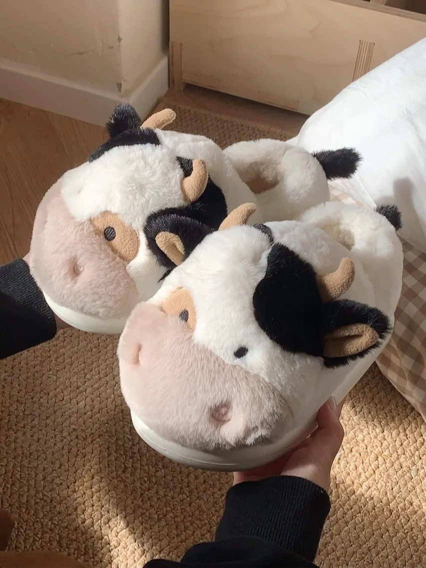 

Women Cow Home Slippers Parent-child Winter Indoor Household Cute Little Cow Fur Shoes All Inclusive Cotton Slippers For Men