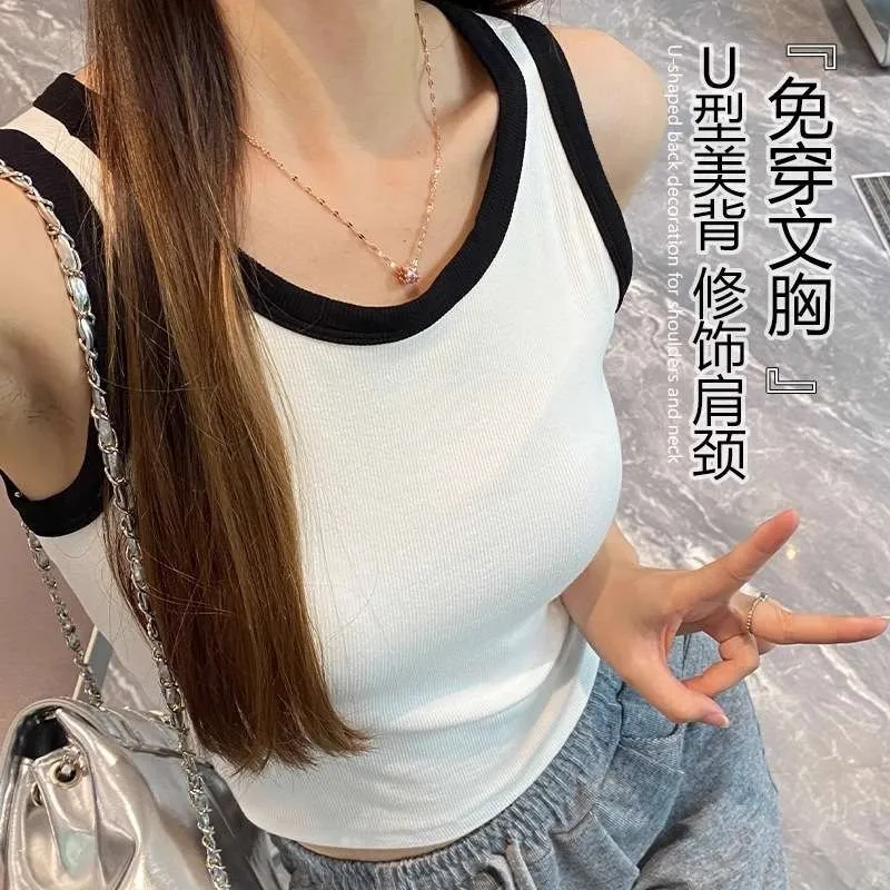 Women Summer Camisole Laced Bra-top Tank Top Built-in Bra Ribbed Vest Plus Size U Neck Cropped Camisole Sleeveless With Corset