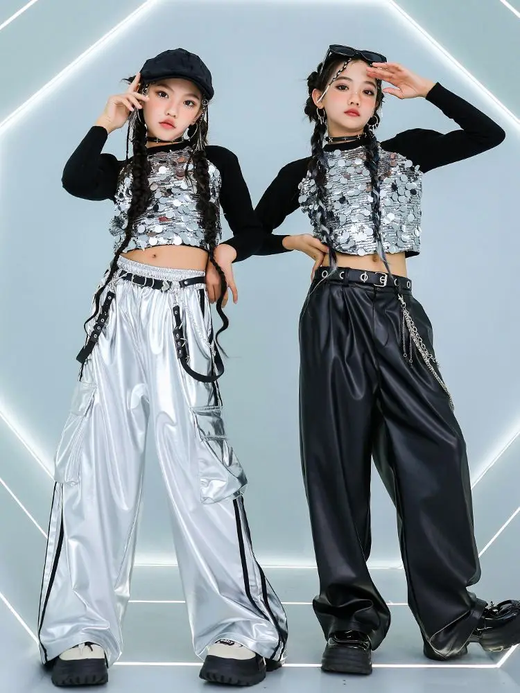 Girls Streetwear Hip Hop Jazz Sequined T-shirt Leather Pant Set Children Fashion Show Tshirt Baggy Pant Kids Costume