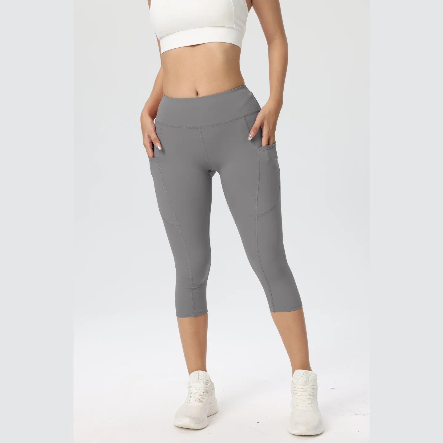 レディース ハイウエスト ヒップリフティング カプリパンツ - 速乾性 25 インチ クロップド ヨガ サイクリング パンツ サイドポケット付き おなかコントロール