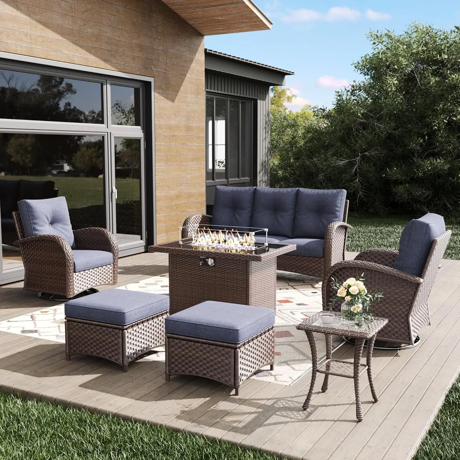 

Outdoor Patio Furniture Sets with Fire Pit Table 7 Pieces Wicker Swivel Rocker Chairs and Sofa Sets for Backyard, Customized