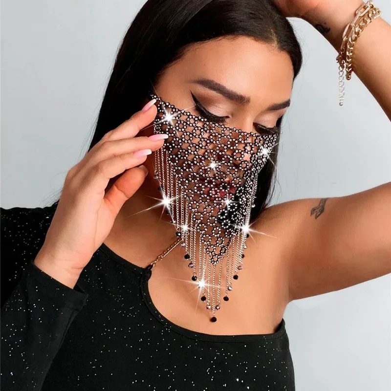 Shiny Rhinestone Mask Face Decor Bling Tassel Veil Mask Reusable Metal Crystal Dance Face Veil Bandana Masquerade Party Jewelry