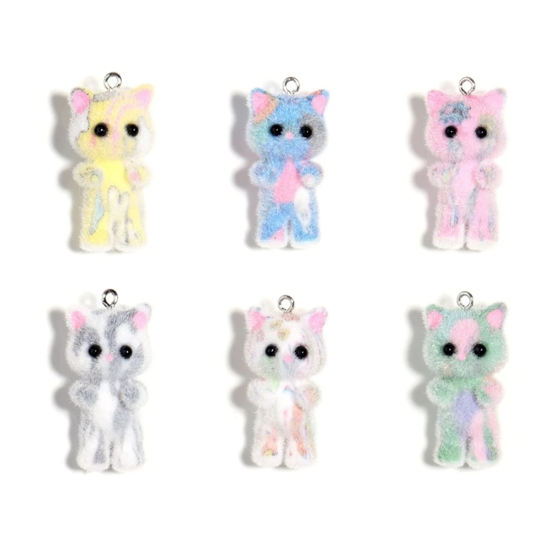 Cartoon 3D Flocking Shaped Keychain Colorful Plush Bag Charm Earrings Necklaces Jewelry Accessory for Women Girls