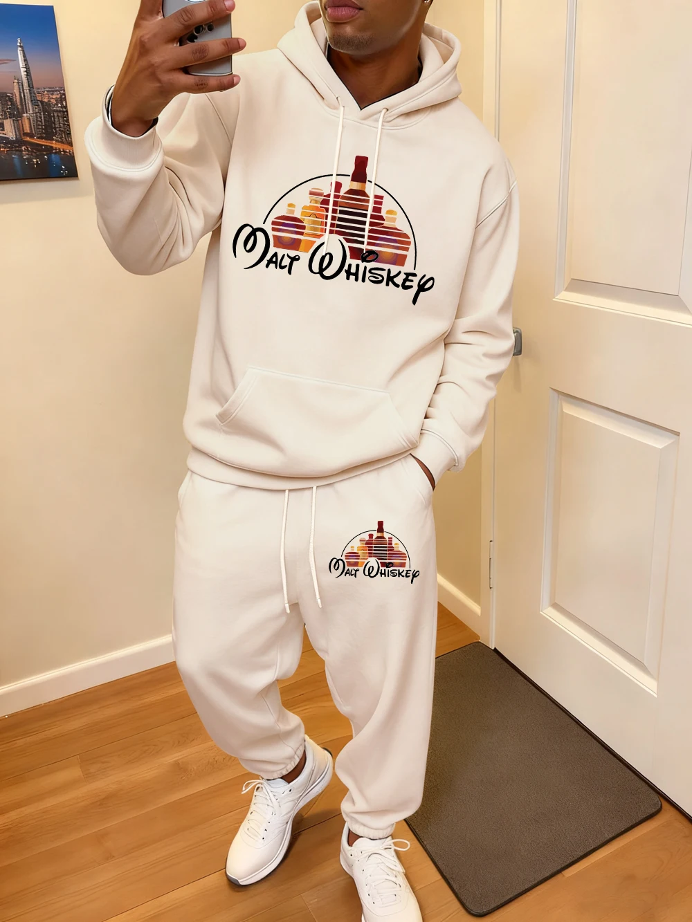 2 Pcs Hoodies Set Mens Malt Wiskey Funny Alcool Drunk Print Sweatpants Winter Pocket Loose Jogging Outfits Sporty Fleece Clothes