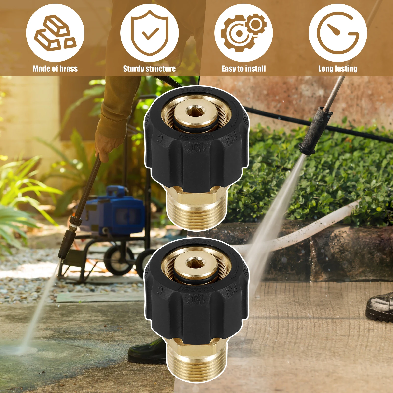 Pressure Washer Hose 5000PSI Sturdy Metal Pressure Washer Adapter Brass M22 15mm Female to M22 14mm Male Connect Fitting 2Pcs