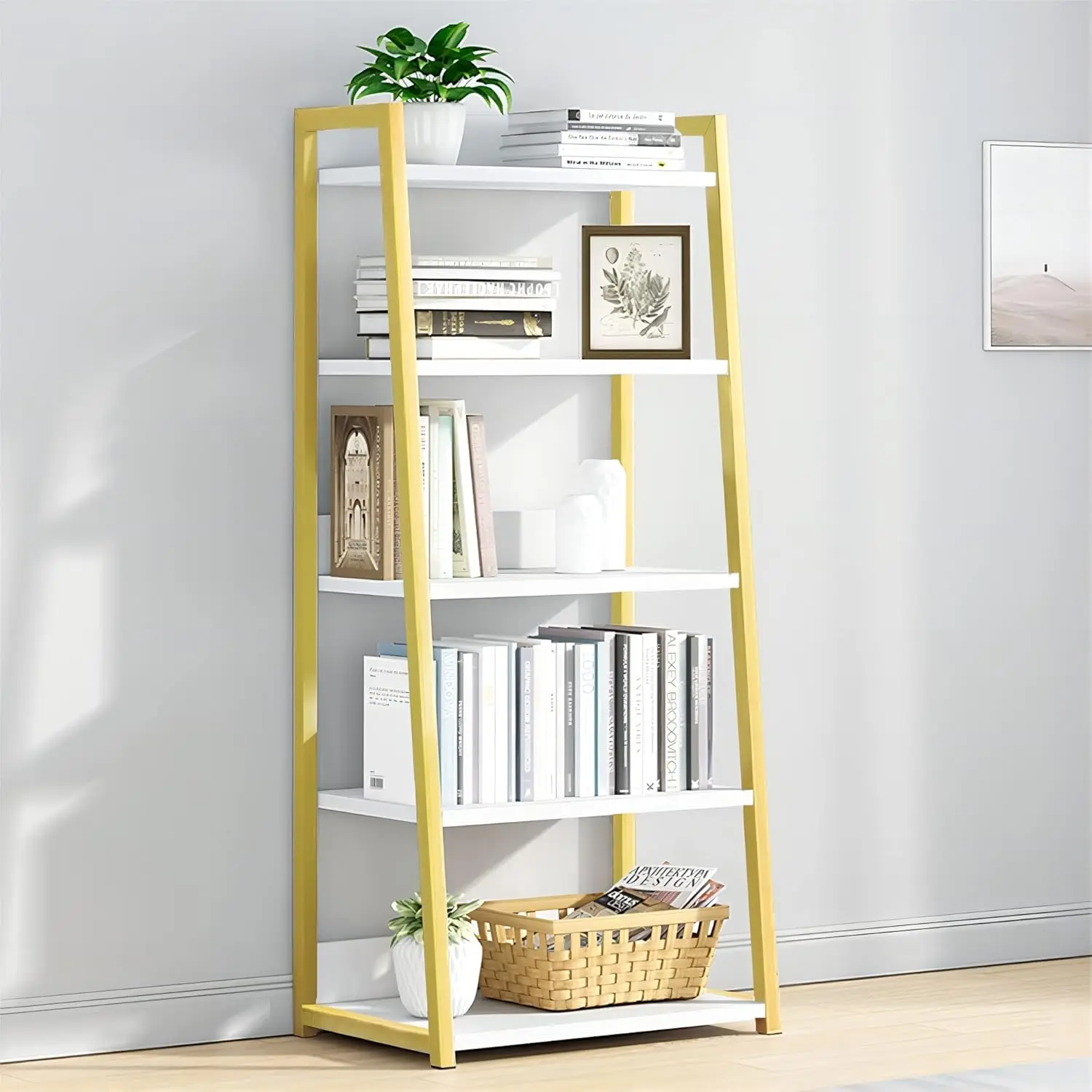 5 Tier Open Bookshelf - Steel and Wood Display Stand, 50CM Width Floor-Standing Bookcase, Gold