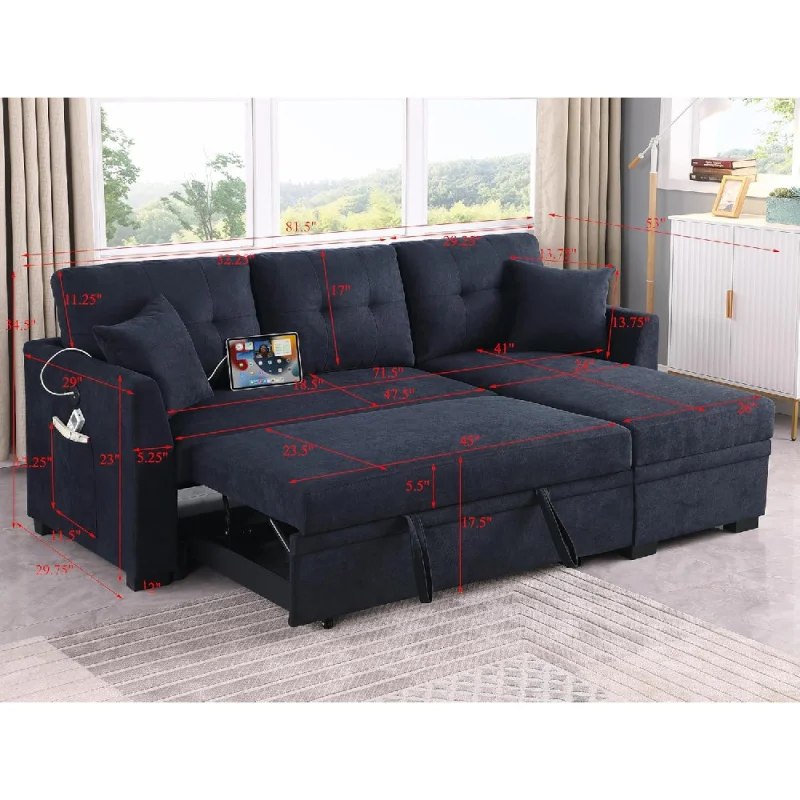 L-Shape Reversible Sectional Sofa Bed Convertible Sleeper Corner Couch W/USB Ports And Storage Chaise, 4 In 1 Pull-Out Sofabed